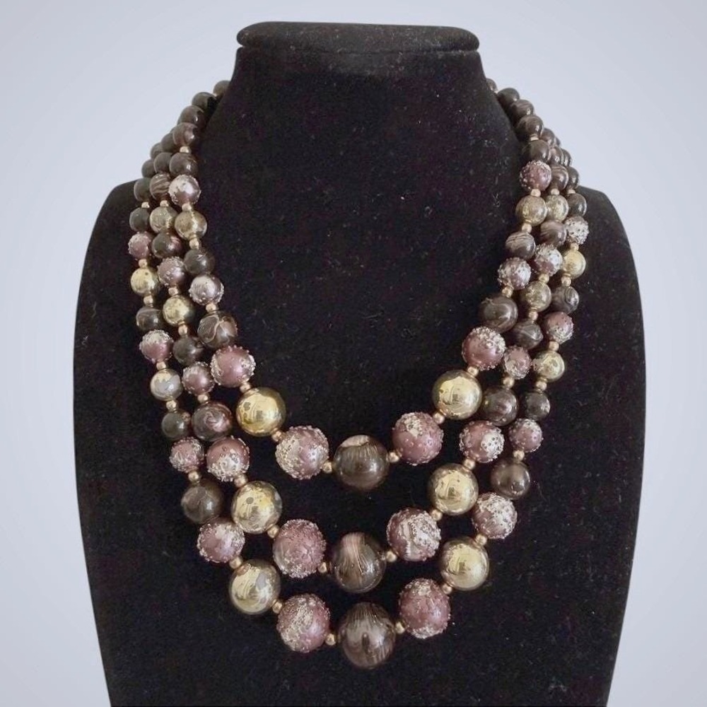 Vintage Triple Strand Graduated Sugared Bead Necklace 14" Dark Purple Gold Tones